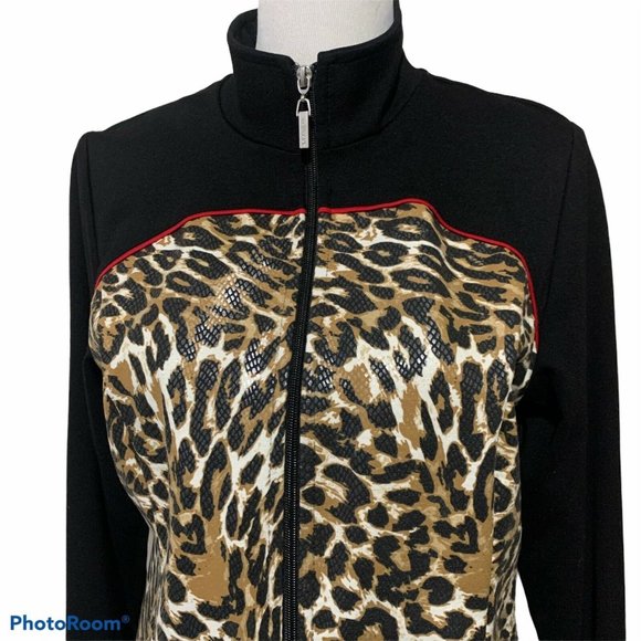 Women's Leopard Animal Print Petite PS Zip Front Jacket Top Active Stretch VTG - Picture 1 of 7